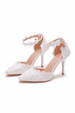 White Pointed Toe Lace Ankle Strap Wedding Shoes