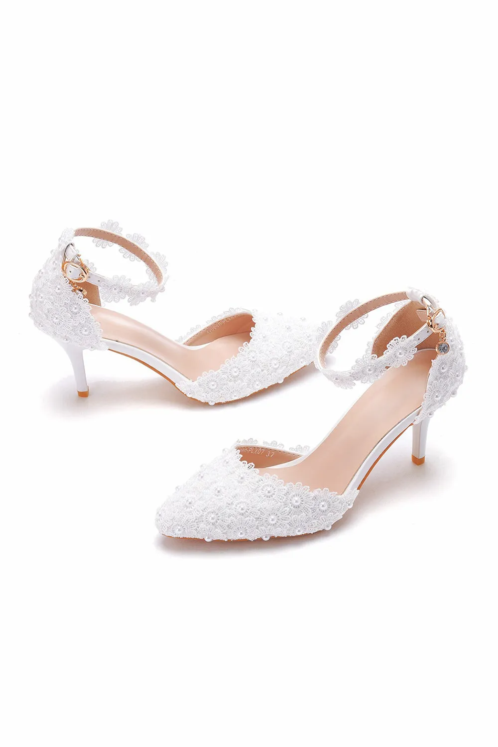 White Pointed Toe Lace Ankle Strap Wedding Shoes