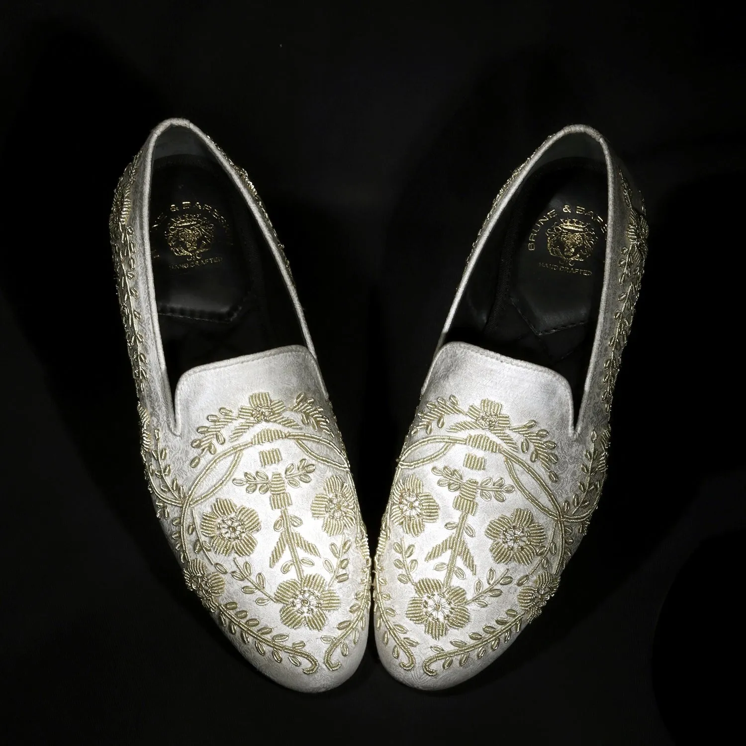 White Slip-On Shoes For Men with Stem Floral Ethnic Silver Hand Zardosi