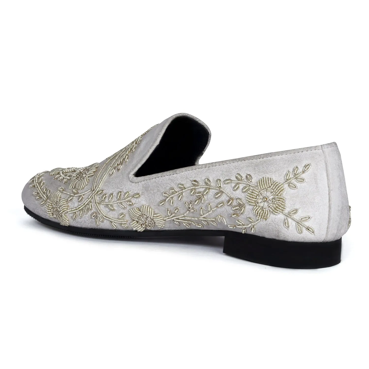 White Slip-On Shoes For Men with Stem Floral Ethnic Silver Hand Zardosi