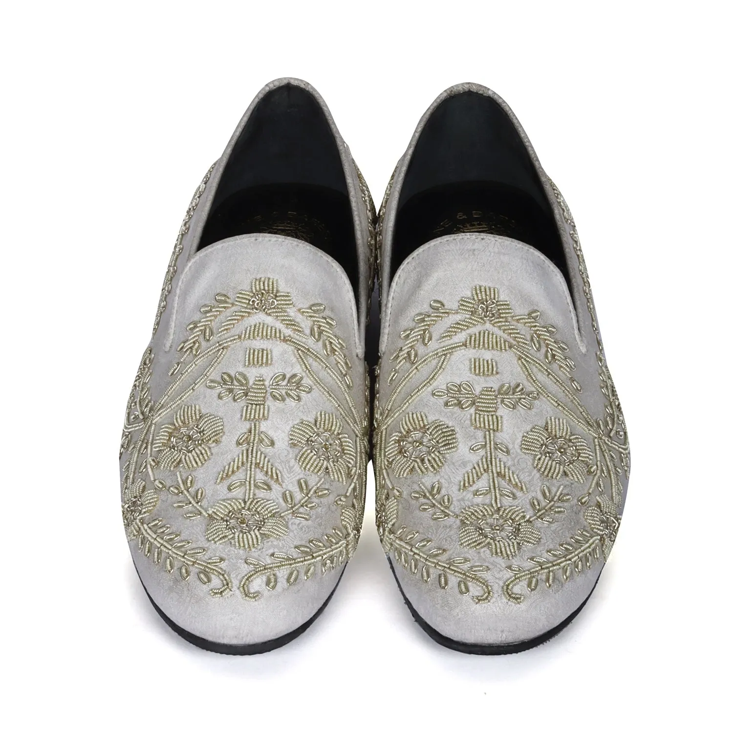 White Slip-On Shoes For Men with Stem Floral Ethnic Silver Hand Zardosi