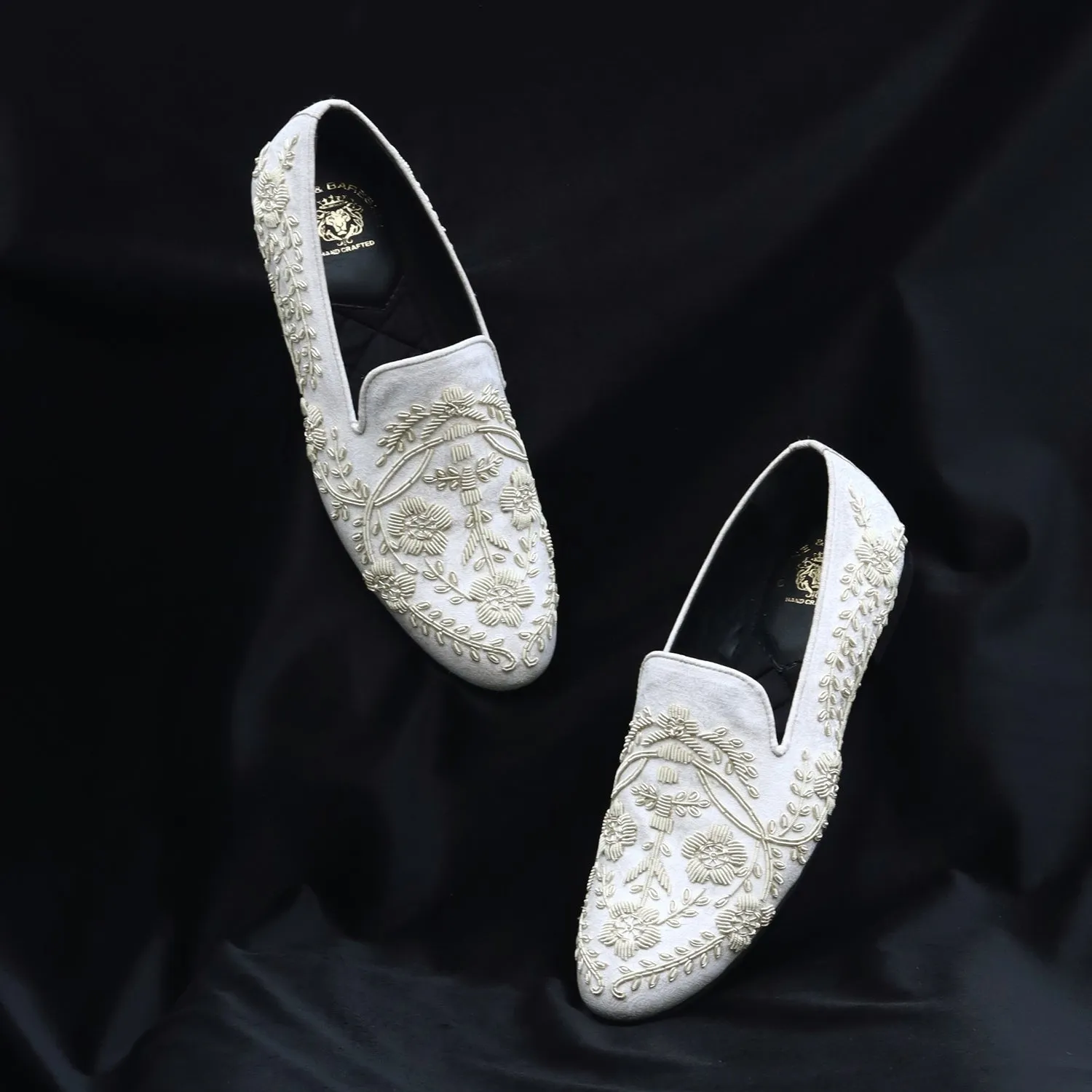 White Slip-On Shoes For Men with Stem Floral Ethnic Silver Hand Zardosi