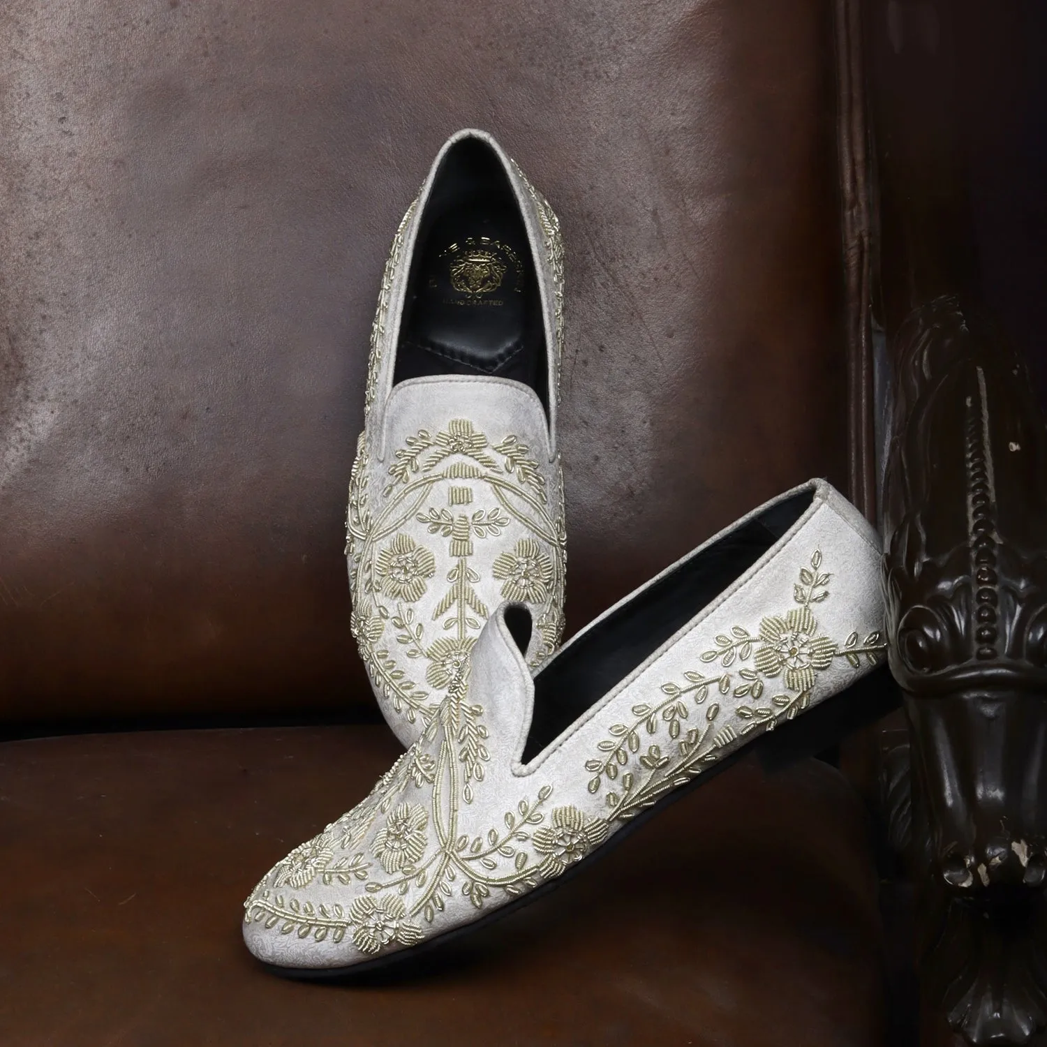 White Slip-On Shoes For Men with Stem Floral Ethnic Silver Hand Zardosi