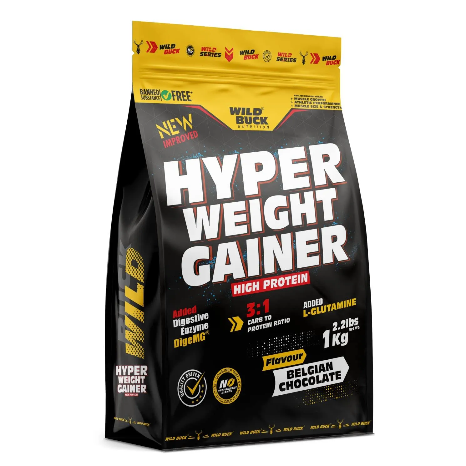 WILD BUCK Hyper Weight Gainer, High Protein Muscle Mass & Weight Gainer With L-Glutamine & Digestive Enzymes | Post-Workout Protein Powder For Muscle Gain [Belgian Chocolate, 1 Kg / 2.2 Lb]