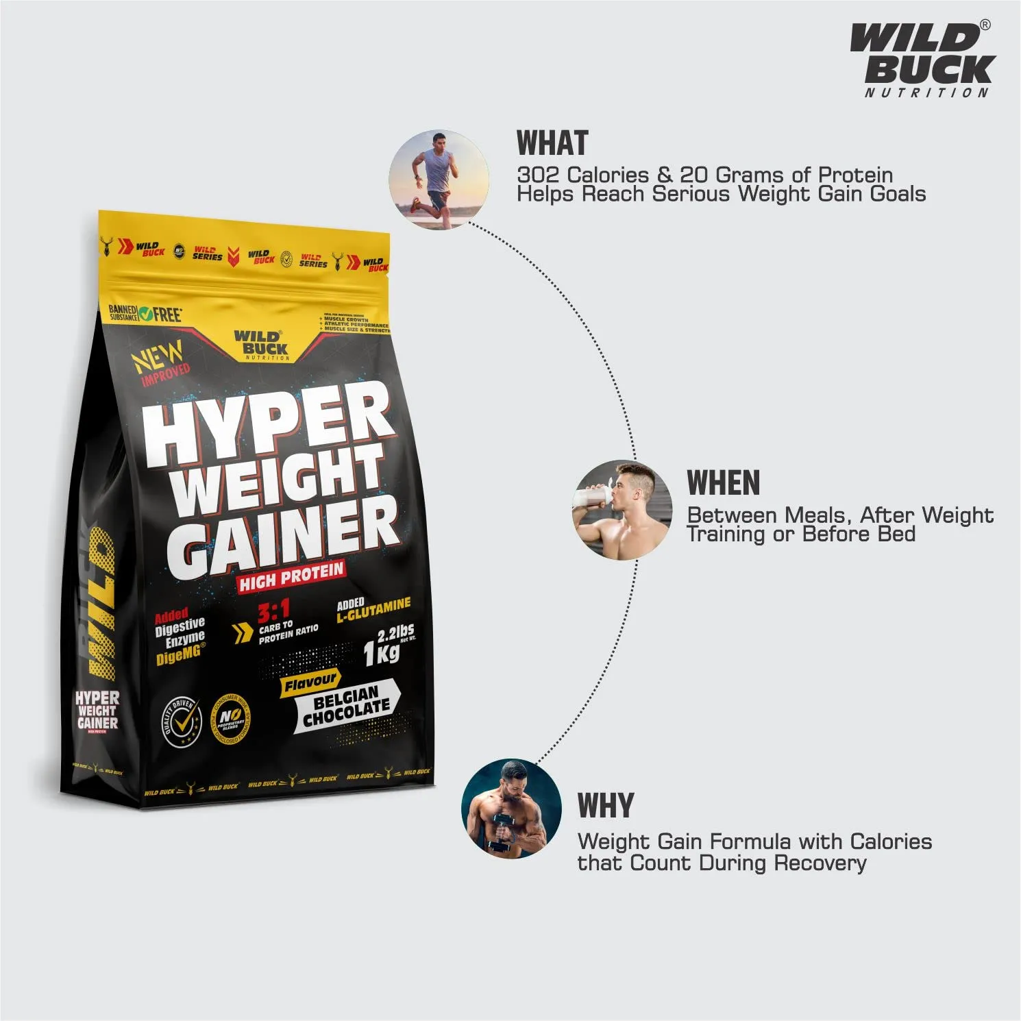 WILD BUCK Hyper Weight Gainer, High Protein Muscle Mass & Weight Gainer With L-Glutamine & Digestive Enzymes | Post-Workout Protein Powder For Muscle Gain [Belgian Chocolate, 1 Kg / 2.2 Lb]