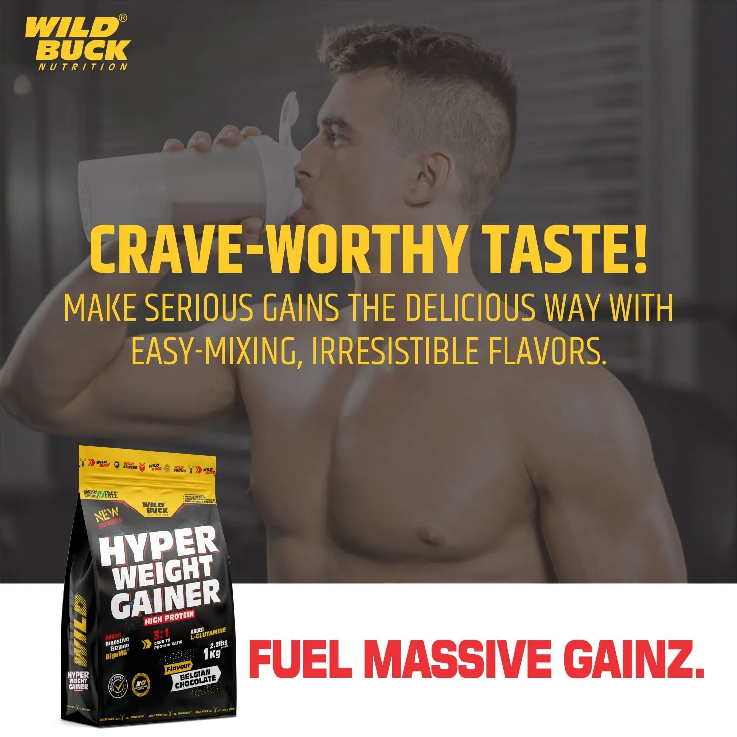 WILD BUCK Hyper Weight Gainer, High Protein Muscle Mass & Weight Gainer With L-Glutamine & Digestive Enzymes | Post-Workout Protein Powder For Muscle Gain [Belgian Chocolate, 1 Kg / 2.2 Lb]