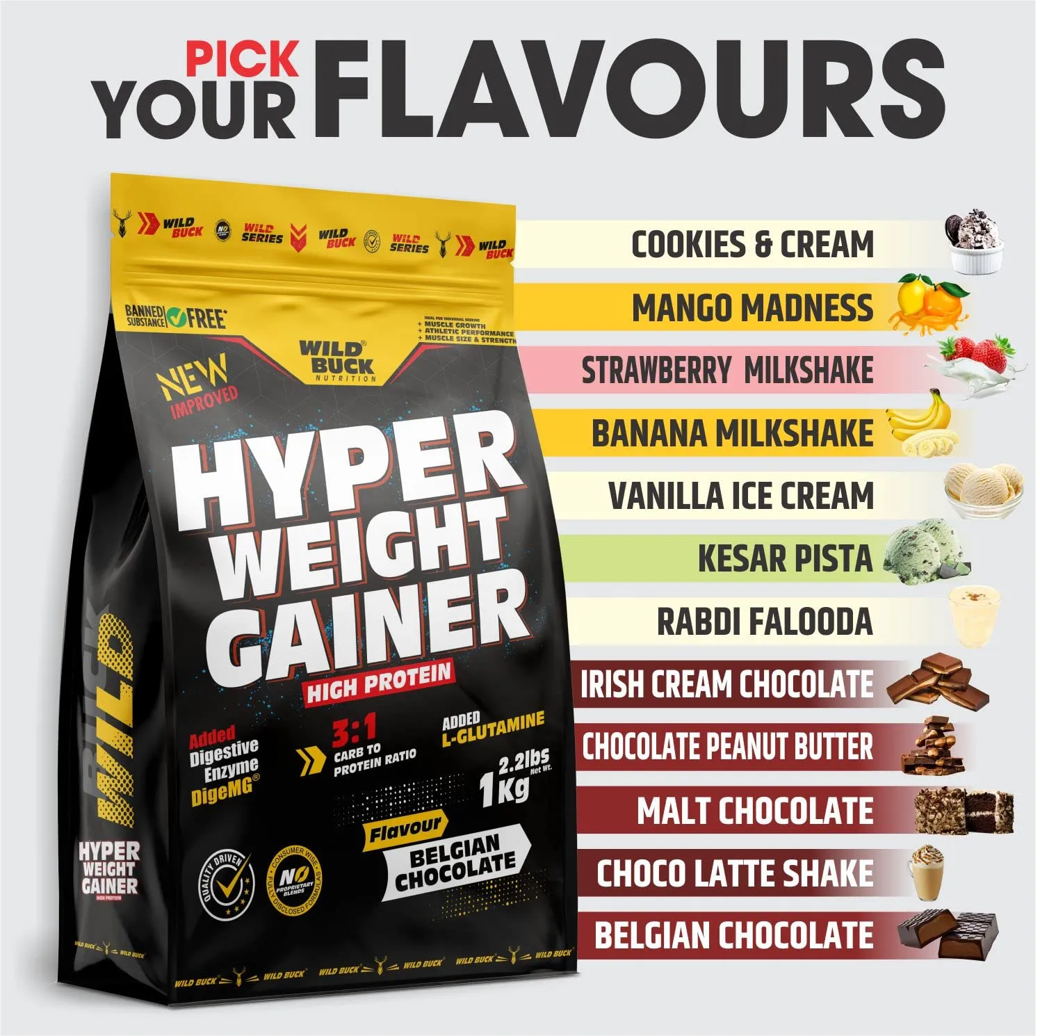 WILD BUCK Hyper Weight Gainer, High Protein Muscle Mass & Weight Gainer With L-Glutamine & Digestive Enzymes | Post-Workout Protein Powder For Muscle Gain [Belgian Chocolate, 1 Kg / 2.2 Lb]