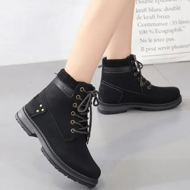 Women winter fall short chunky platform lace up boots