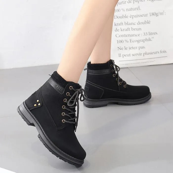 Women winter fall short chunky platform lace up boots