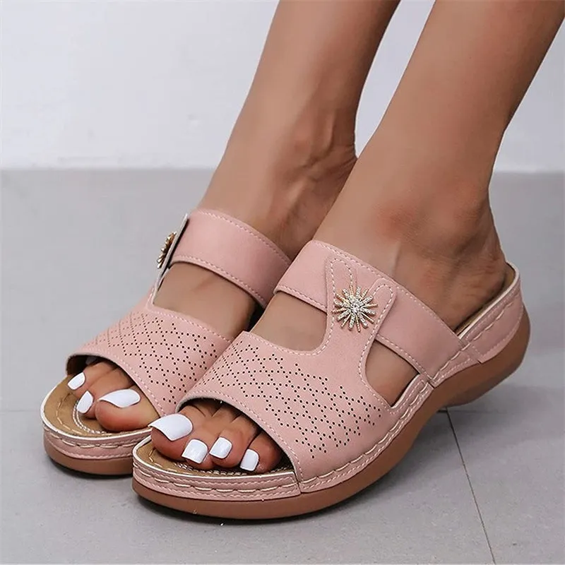 Womens PU Leather Embroidery Peep-Toe Thick Platform Hollow Slippers