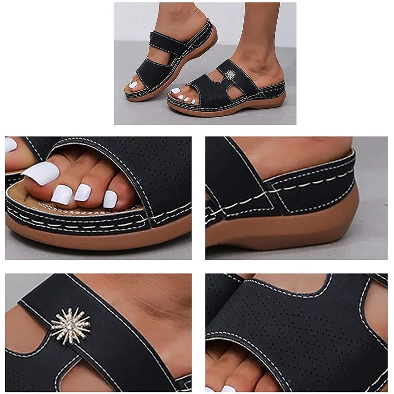 Womens PU Leather Embroidery Peep-Toe Thick Platform Hollow Slippers