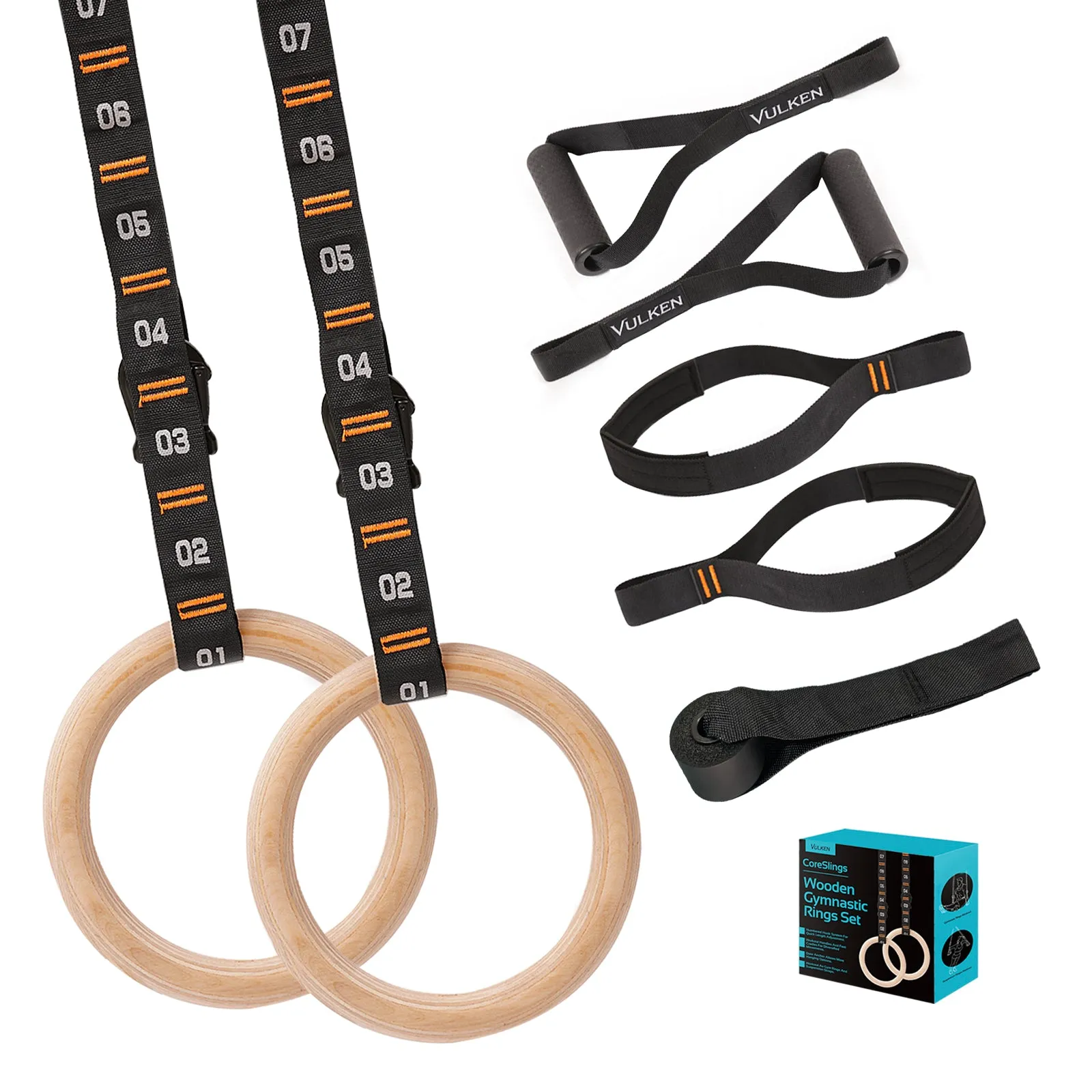 Wooden Gymnastics Rings 1.1" with Adjustable Straps and Suspension Training Handles set